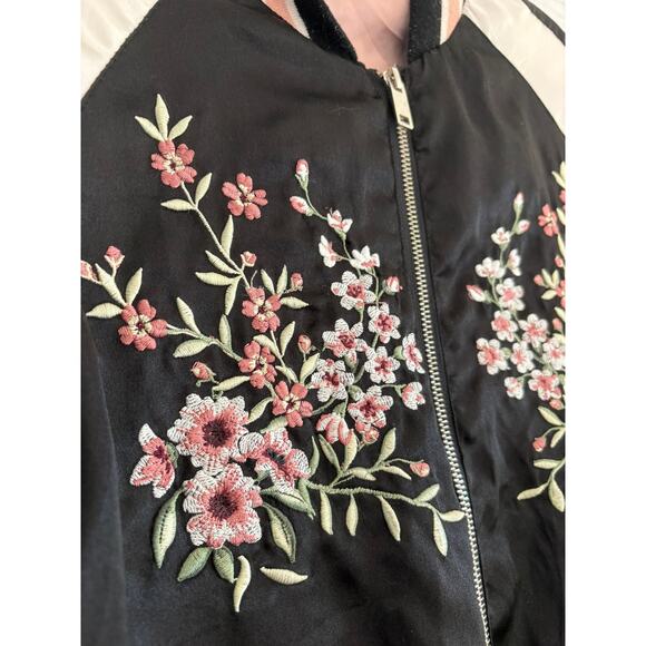 Outer Edge Floral Embroidered Black and Pink Bomber Jacket - Picture 3 of 8